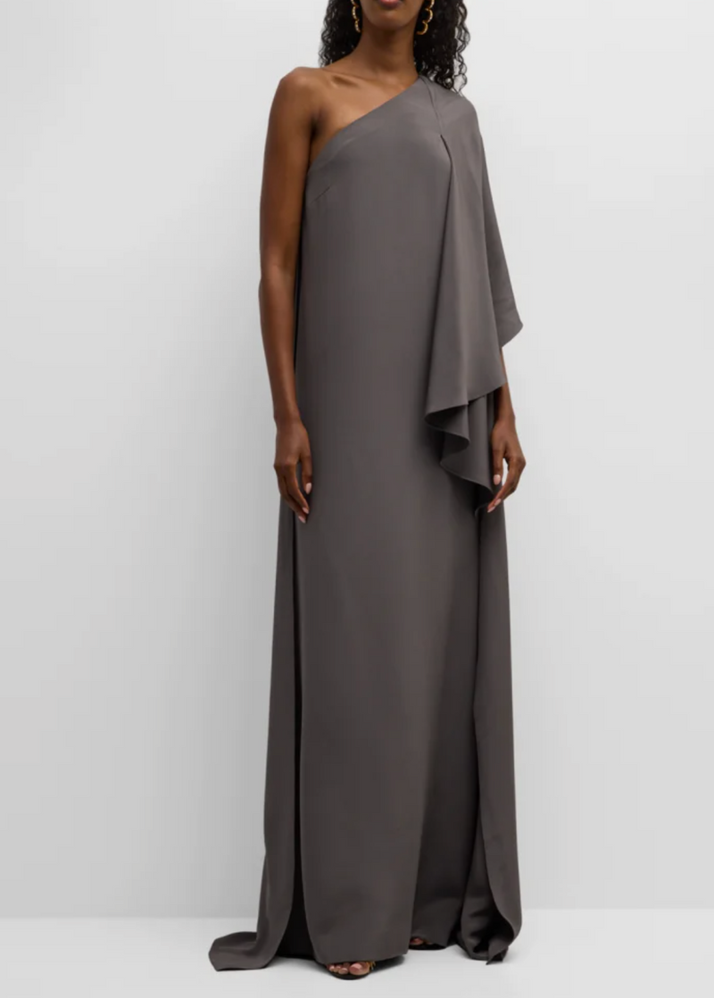 Koltson Draped One-Shoulder Side-Slit Double Silk Gown