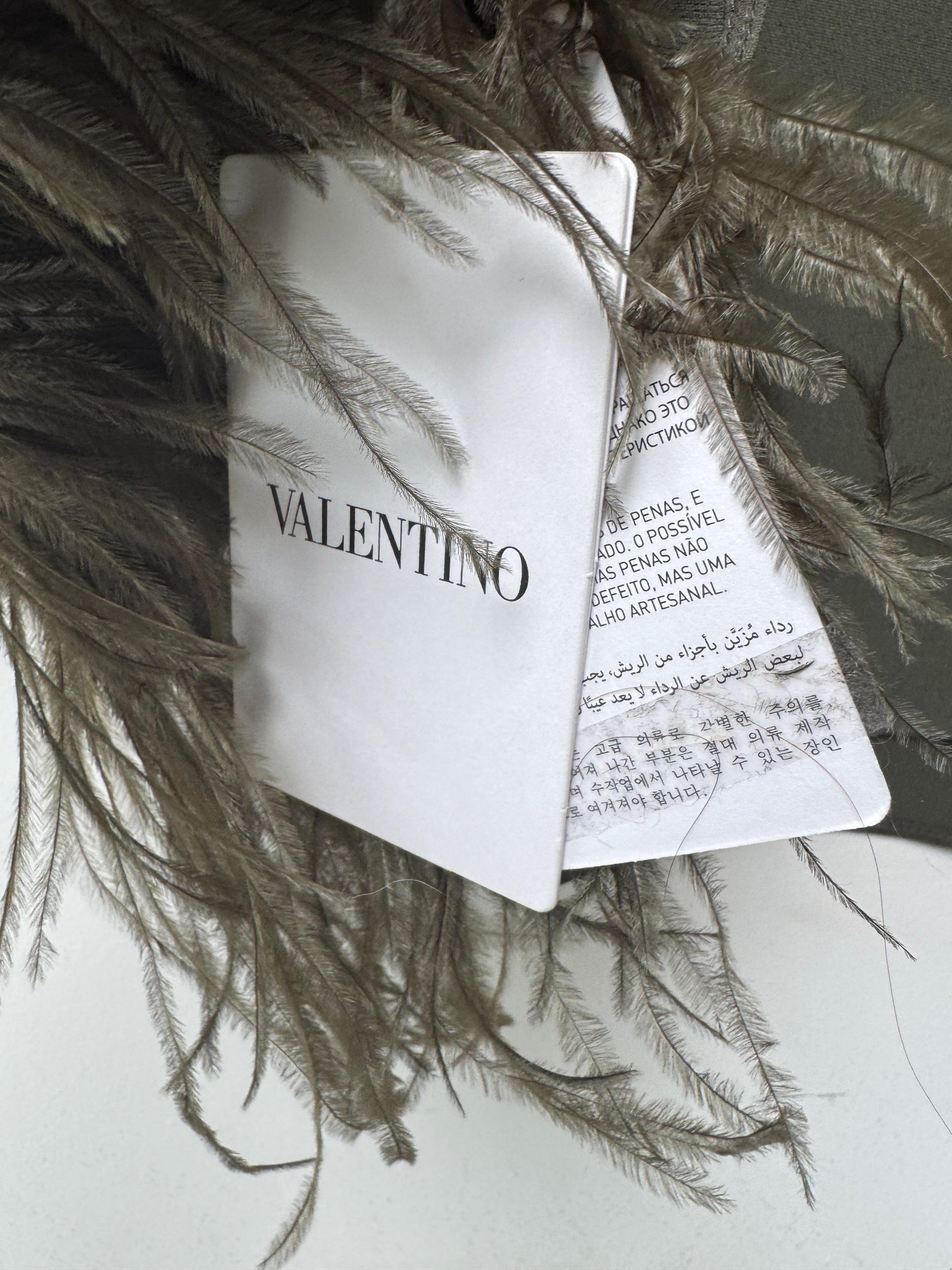 Valentino Khaki Silk Blouse with Feather Trim
