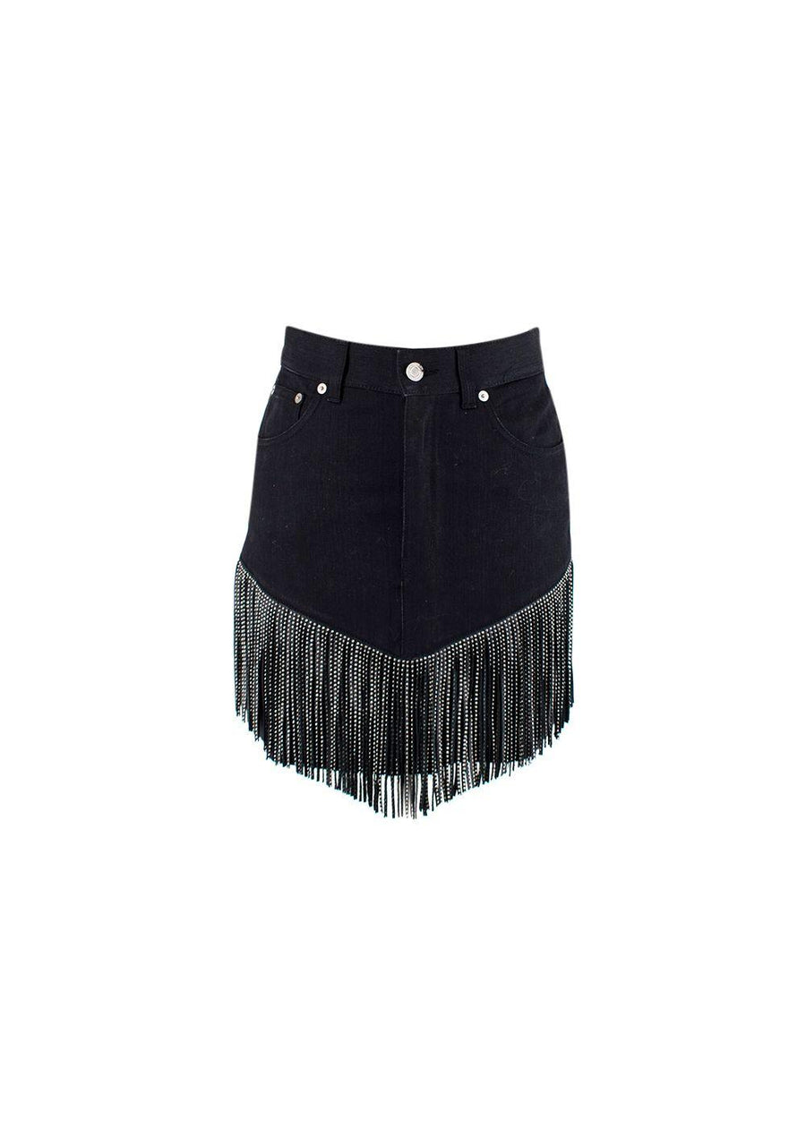 Black Denim Skirt with Silver Studded Leather Fringing