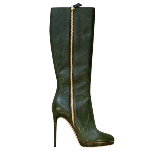 Casadei Bottle Green Leather Knee Boots
