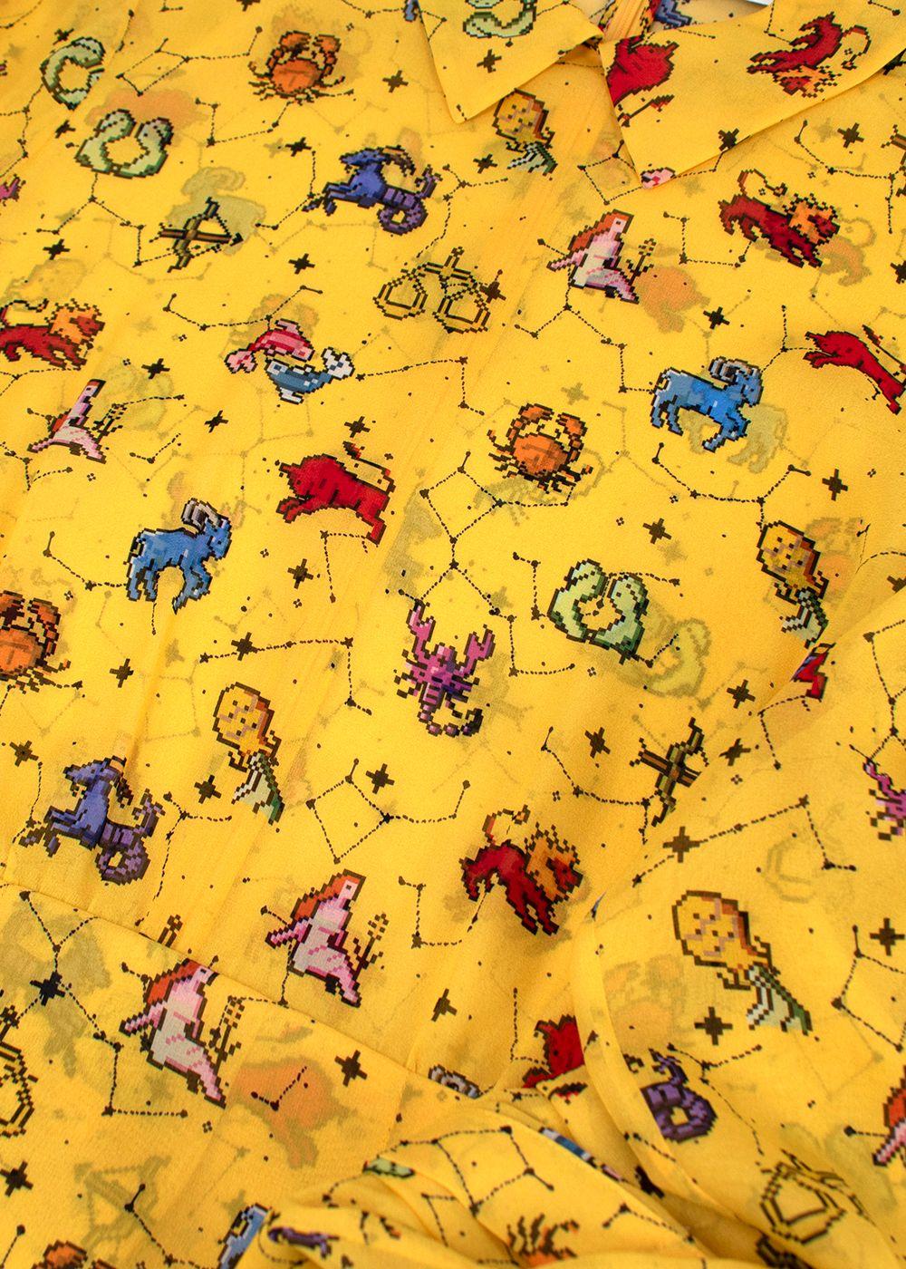 Dior Yellow Pixel Zodiac Pattern Silk Midi Dress