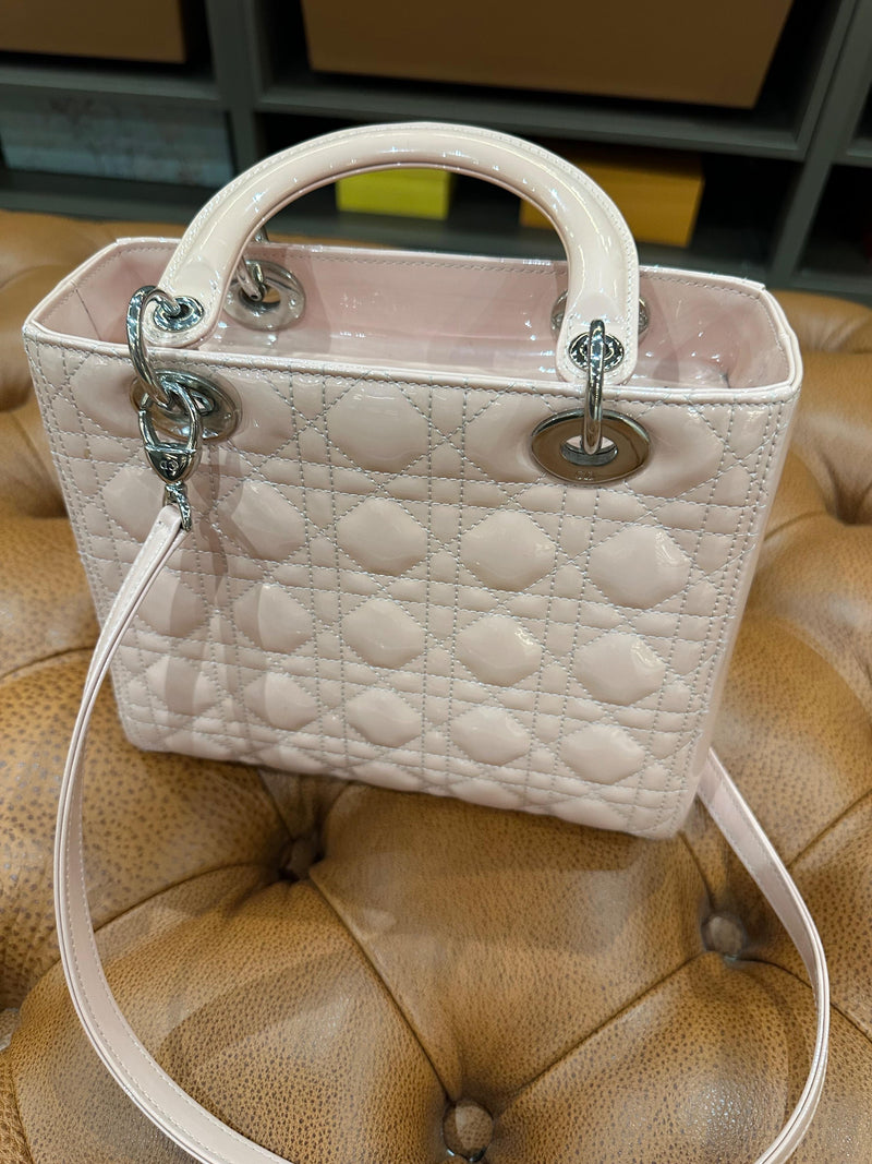 Dior Pink Patent Leather Medium Lady Dior with Silver Hardware