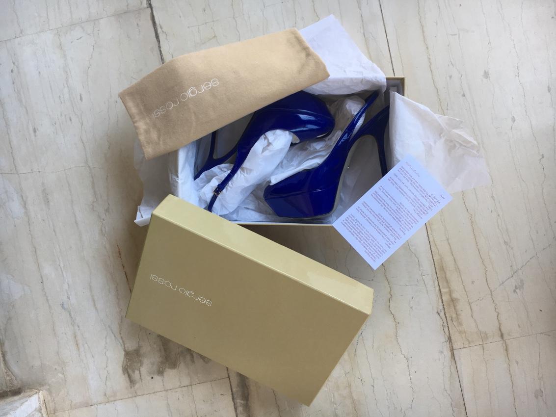 Sergio Rossi Blue Patent Peep-Toe Slingback Pumps