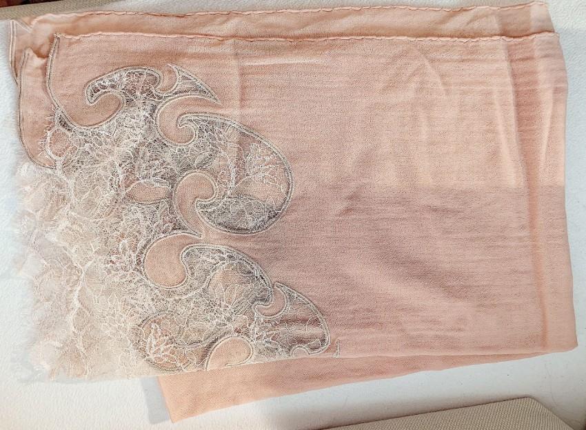 Emilio Pucci Floral Lace Trimmed Blush Wool & Cashmere Scarf