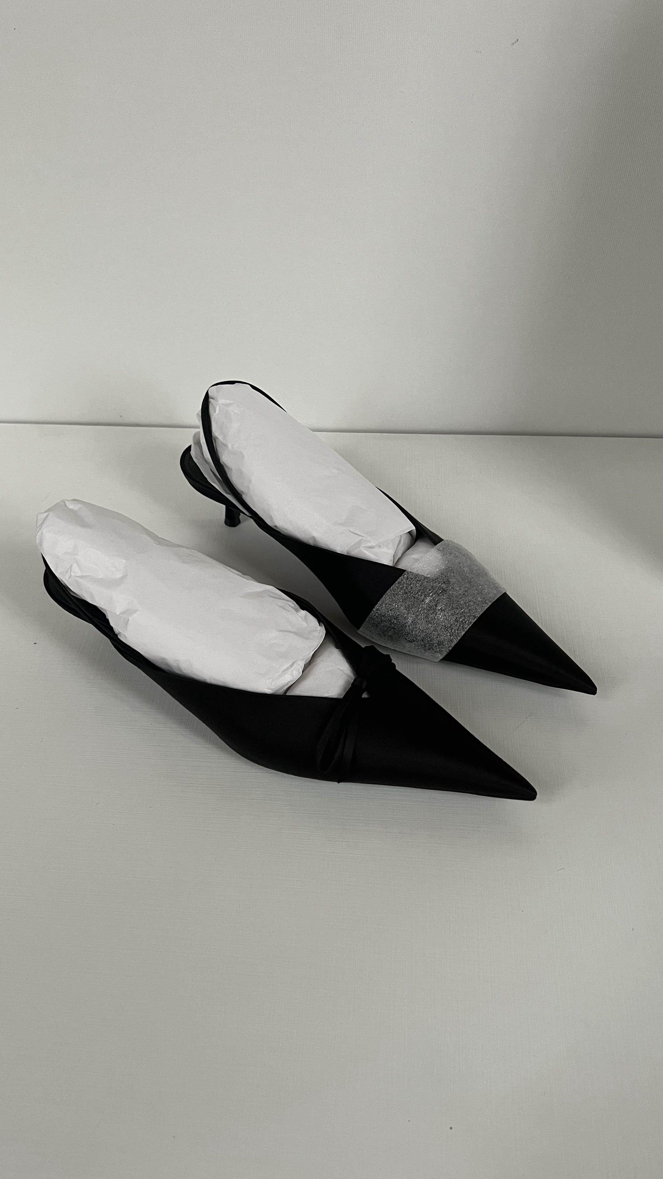 Black Satin 40mm Knife Slingback Mules