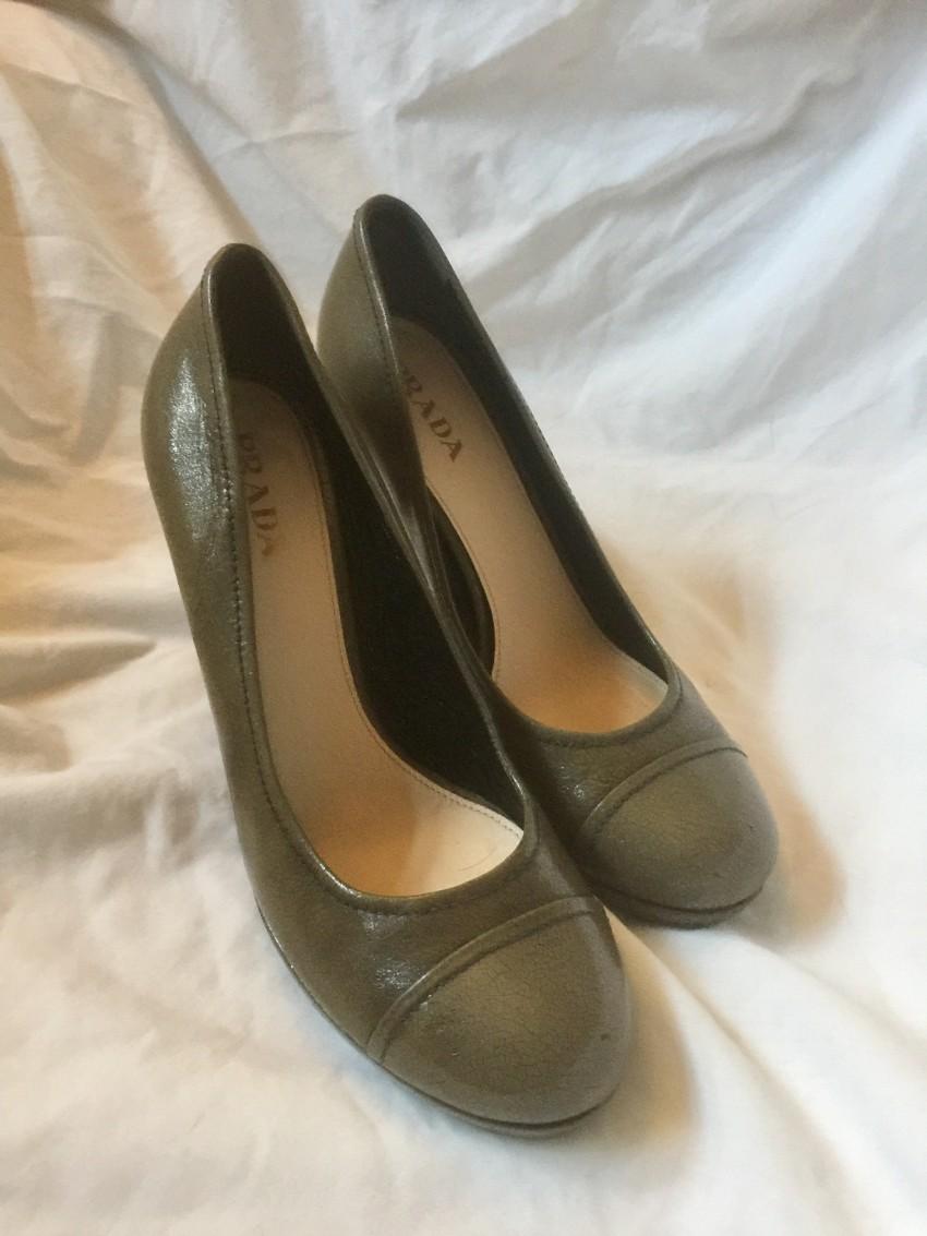 Prada Taupe Round Toe Patent Leather Pumps