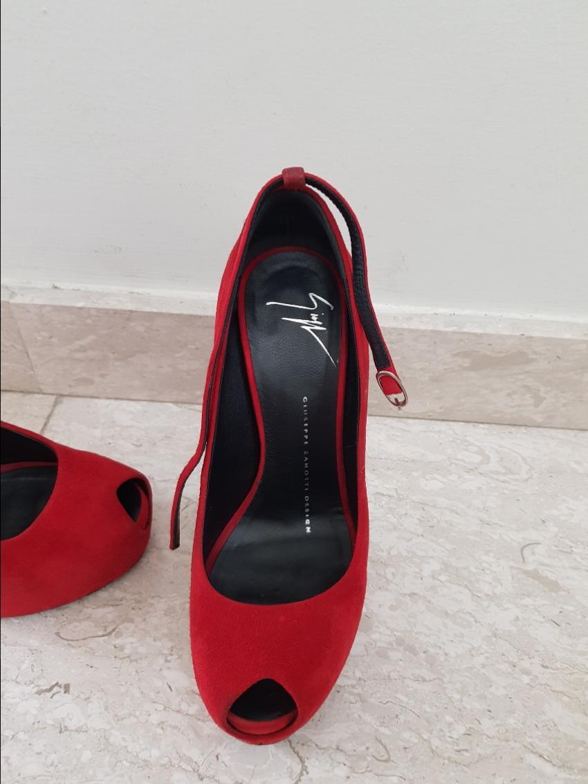 Giuseppe Zanotti red suede open toe ankle strap pumps