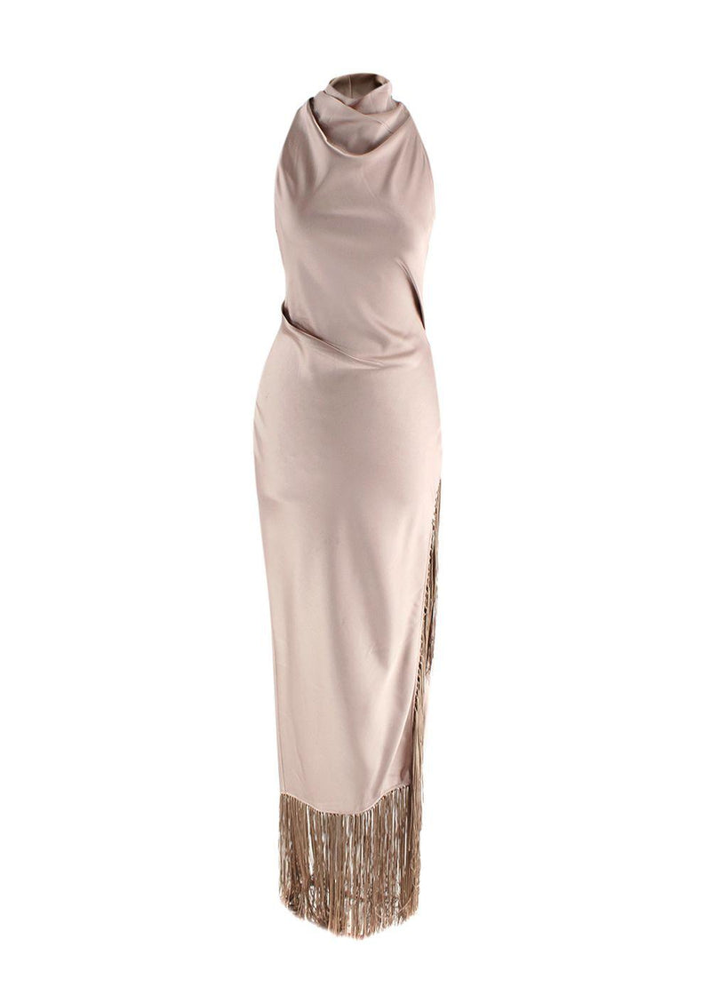 Nanushka Champagne Satin Midi Dress with Fringing