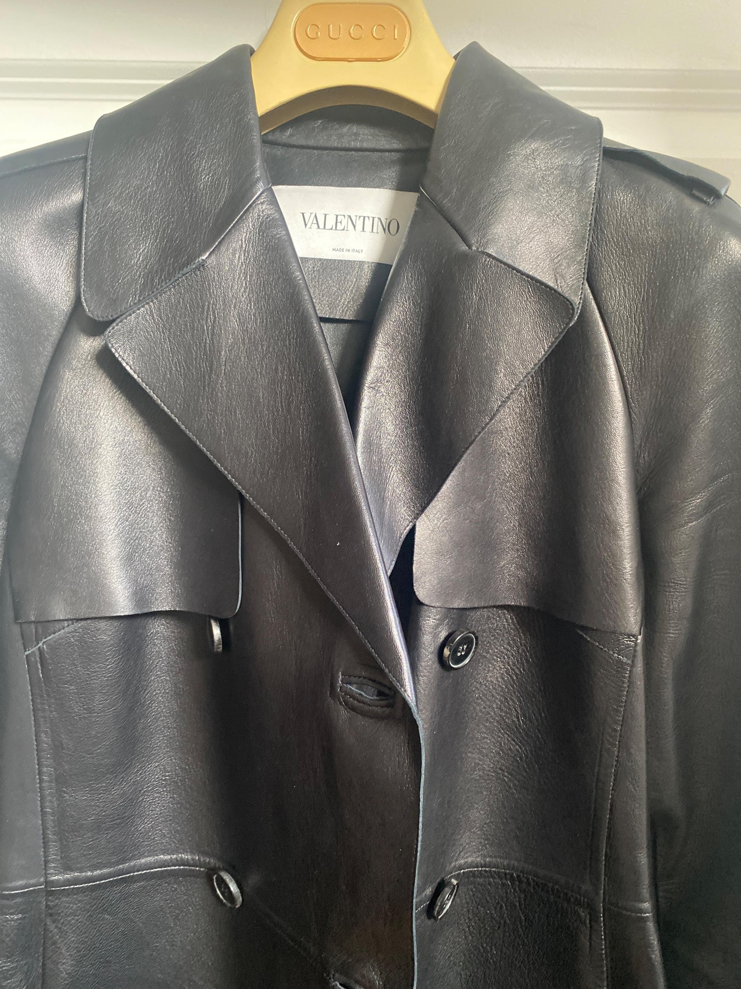 Valentino Black Leather Trench Coat with Fringe Detail