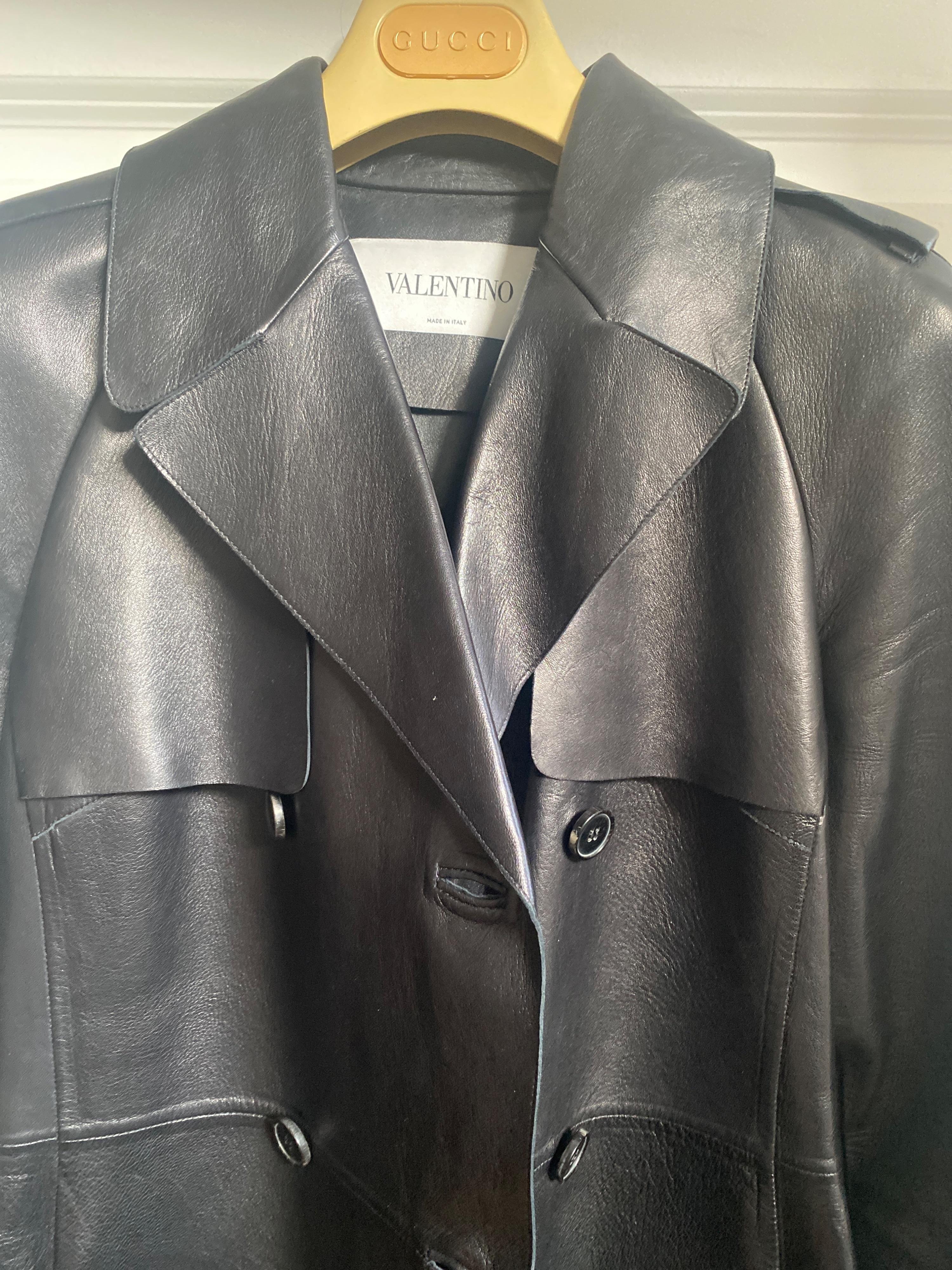 Valentino Black Leather Trench Coat with Fringe Detail