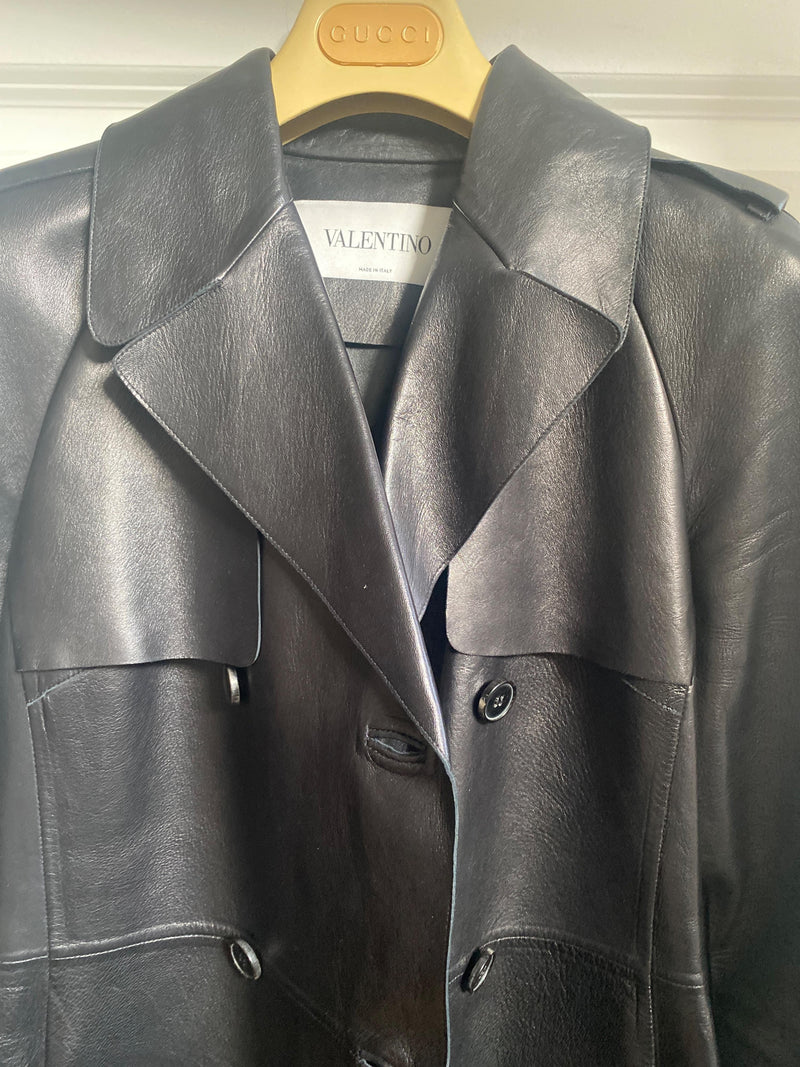 Valentino Black Leather Trench Coat with Fringe Detail
