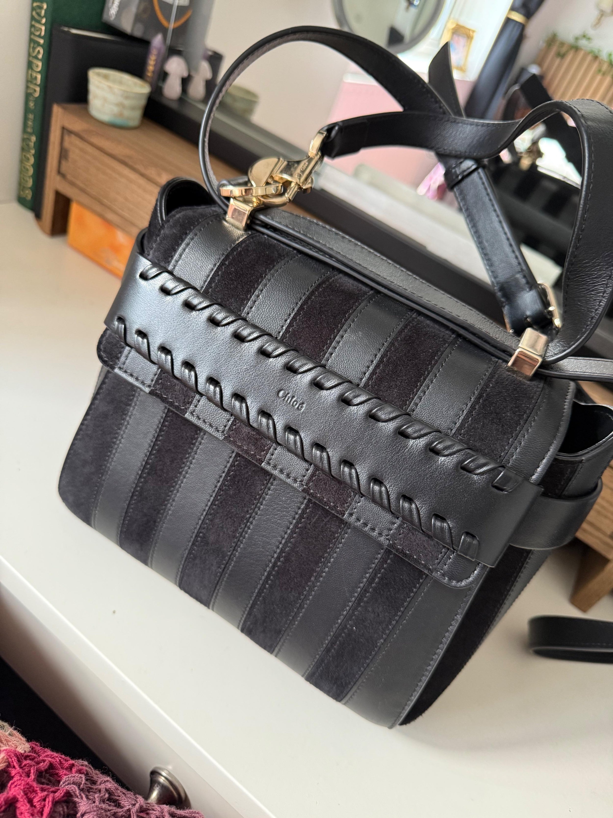 Black Leather Nacha Top-Handle Bag