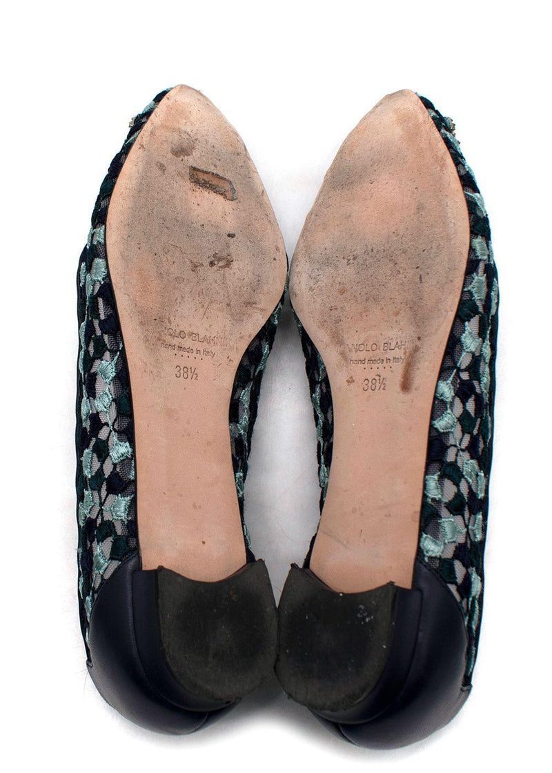 Manolo Blahnik Navy Lace Jewel Buckle Flat Pumps