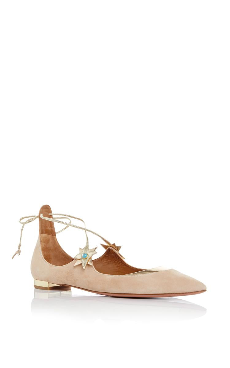 Aquazzura X Poppy Delevingne nude suede flats