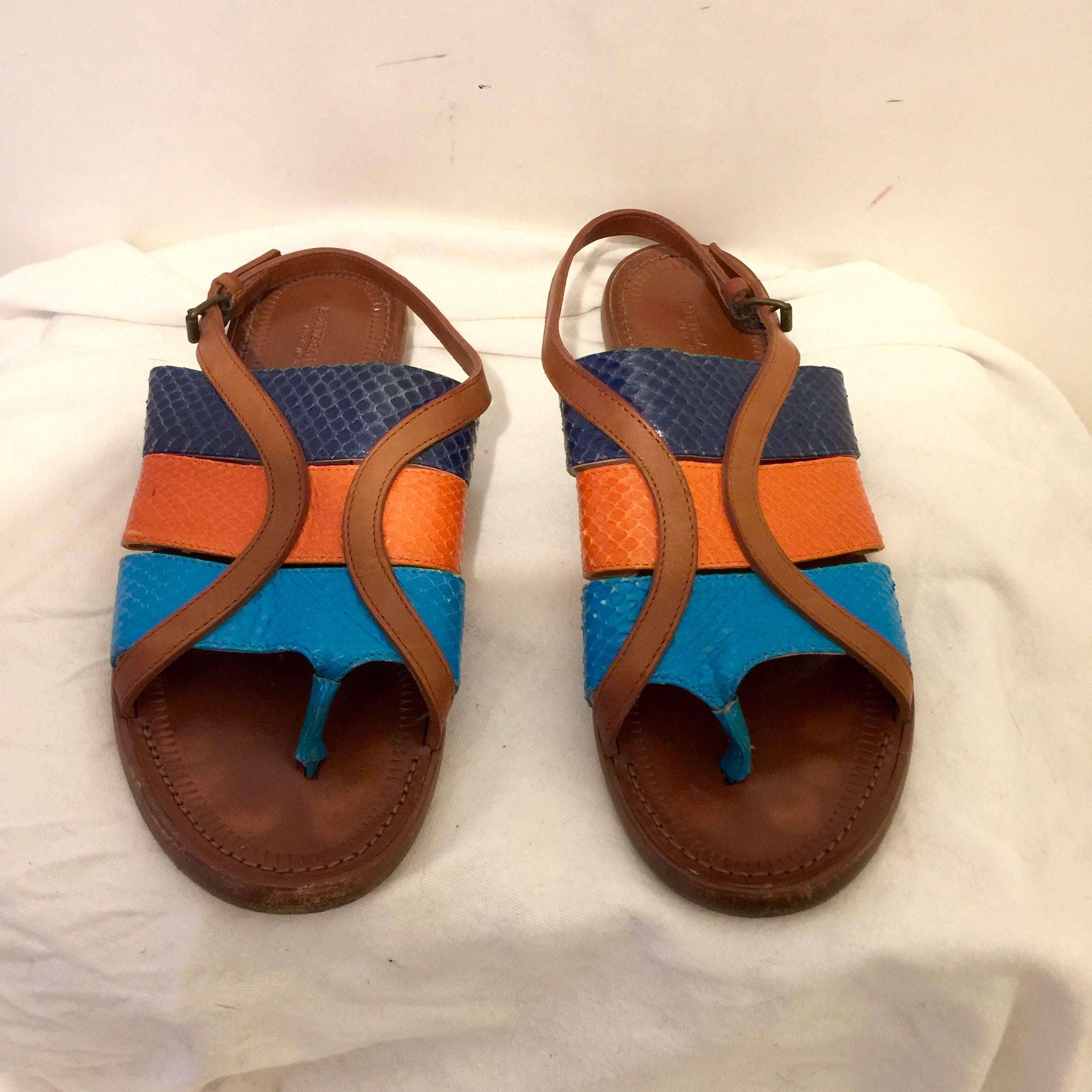 Tricolour snakeskin & tan leather sandals