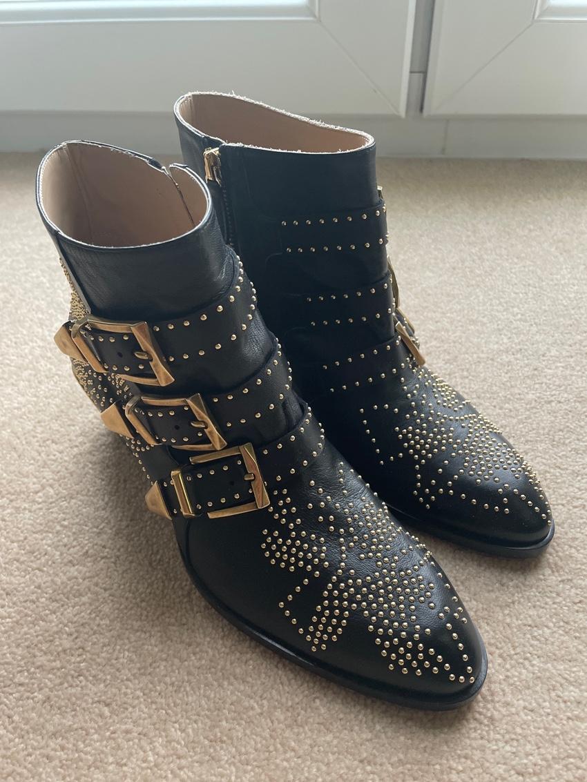 Chloe Black Leather Susanna Gold-Tone Studded Ankle Boots