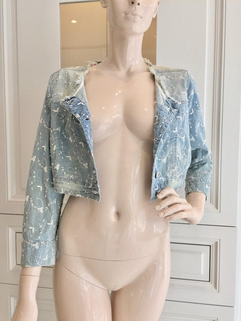 Blumarine Filigree Embroidered Pale Blue Cropped Jacket