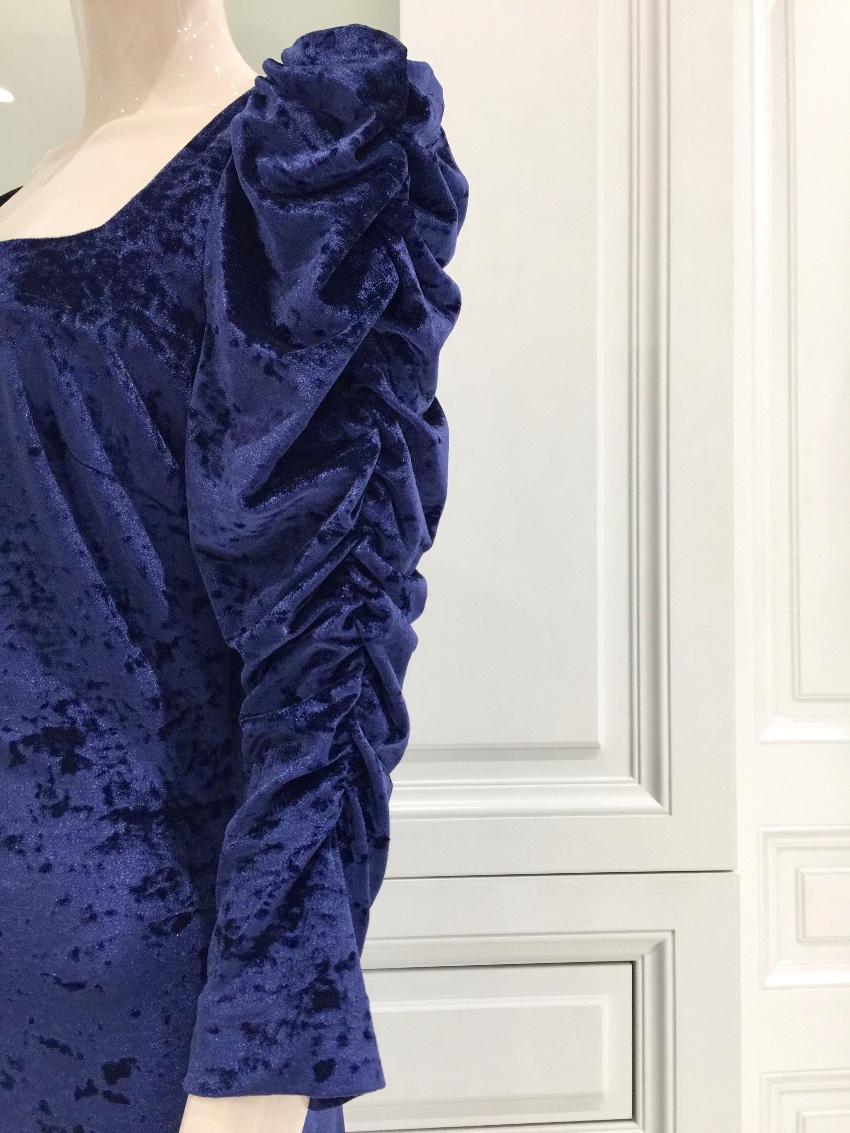 French Couture Navy Blue Panne Velvet Square Neck Dress
