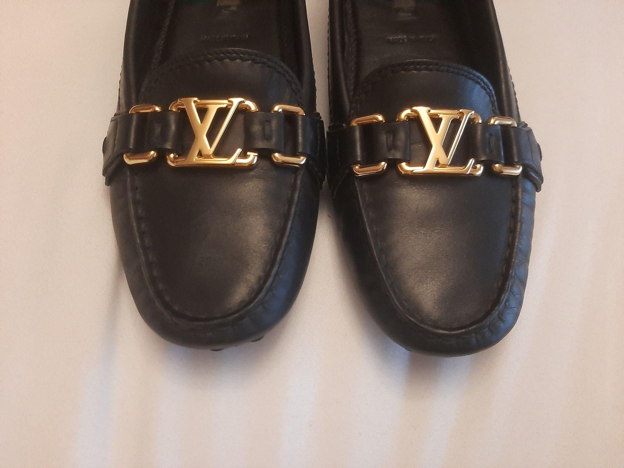 Black leather LV driving loafers