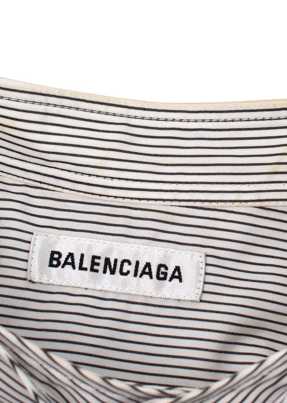 Balenciaga White and Navy Striped Logo Oversized Shirt with Tie Detail