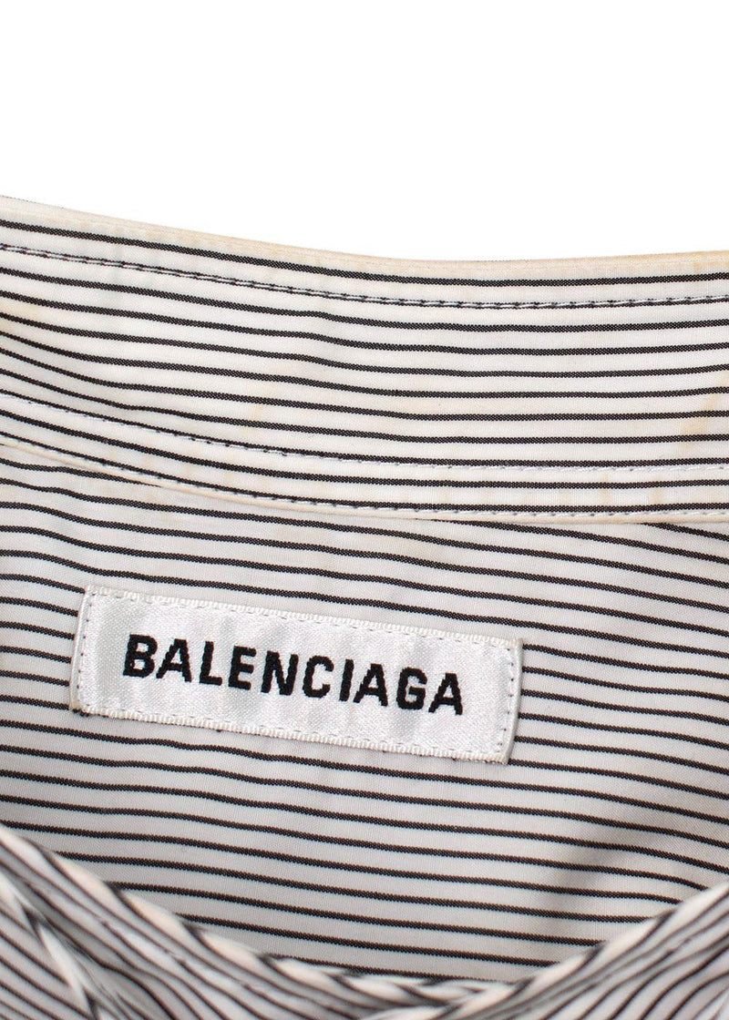 Balenciaga White and Navy Striped Logo Oversized Shirt with Tie Detail