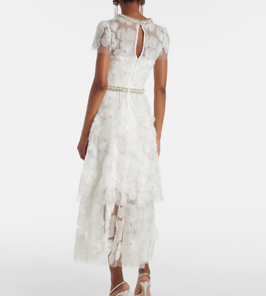 Self Portrait White Embellished Tulle Midi Dress