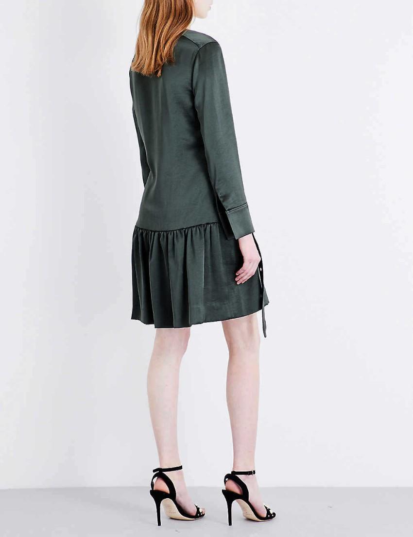 Sandro Olive Satin Dress with Eyelet Detailed Belt
