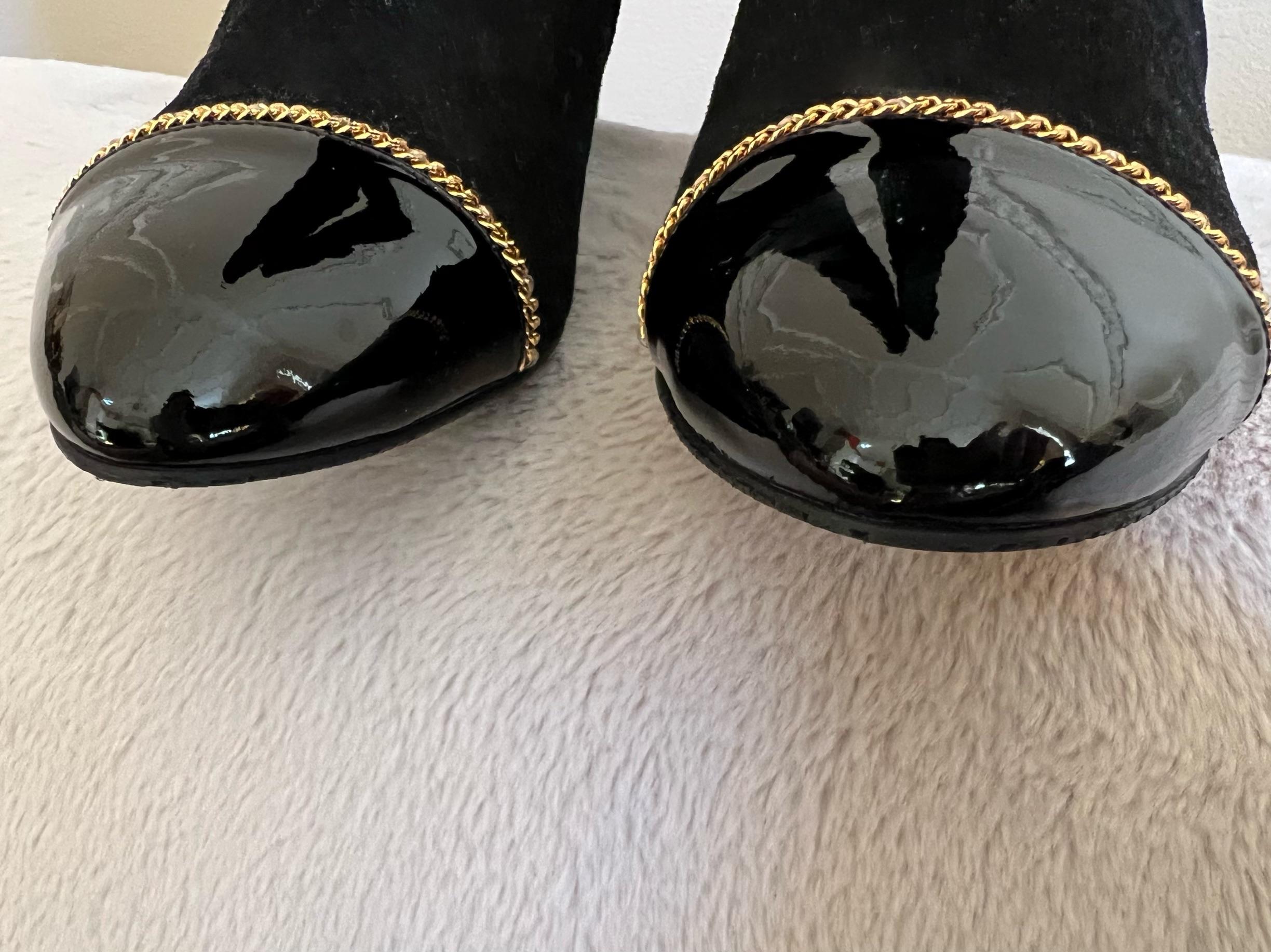 Valerie 60 chain-trimmed patent-leather and stretch-suede knee boots