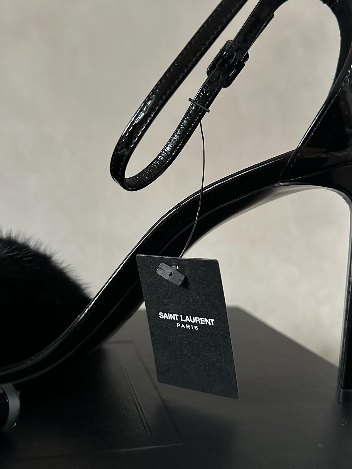 Saint Laurent Black Patent Leather Bea Heeled Sandals with Fur Detail