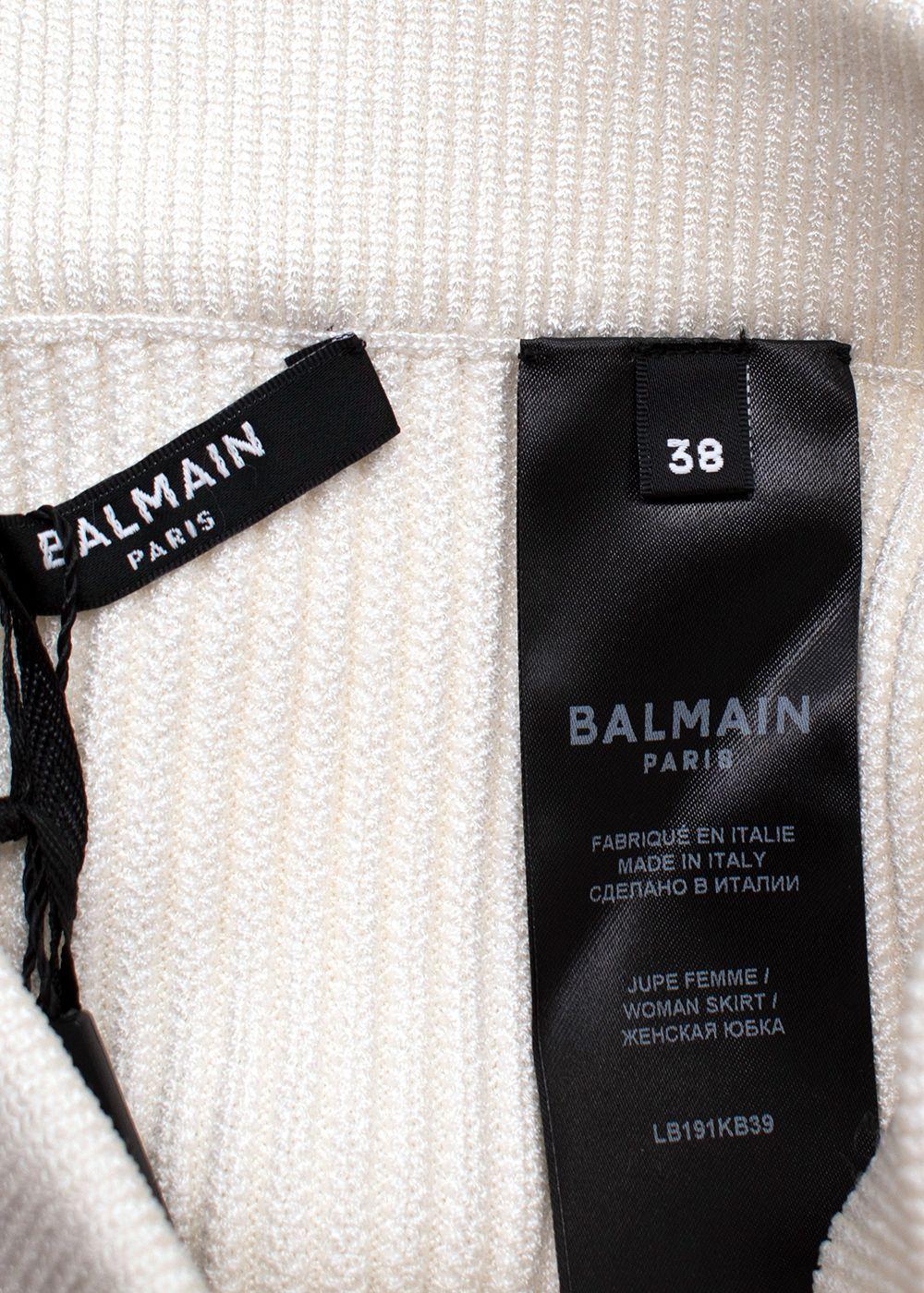 Balmain Cream Ribbed Knit Mini Skirt with Gold Button Detail