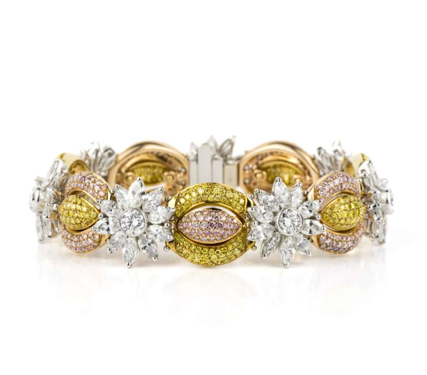 18ct white gold, white, yellow & pink fancy diamond bracelet