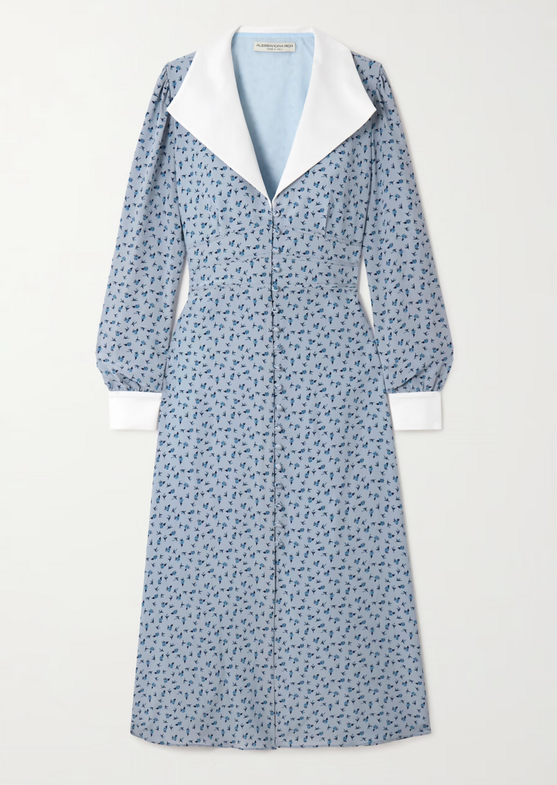 Alessandra Rich Mikado-Trimmed Floral-Print Silk-Crepe De Chine Midi Shirt Dress
