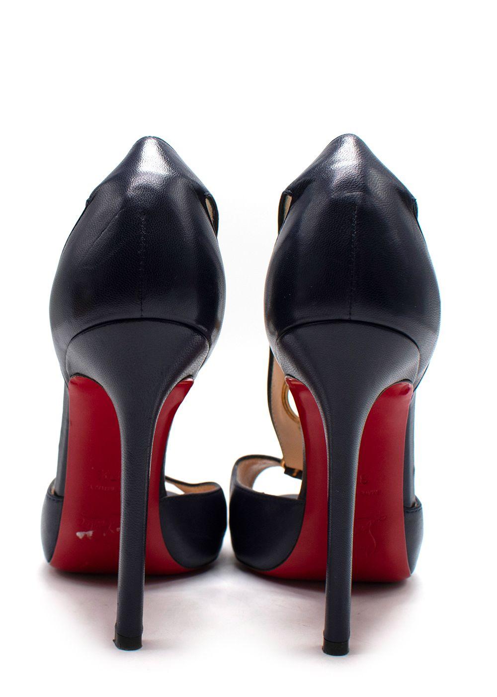 Christian Louboutin Black Leather Peep-Toe T-Strap Heels with Gold Hardware