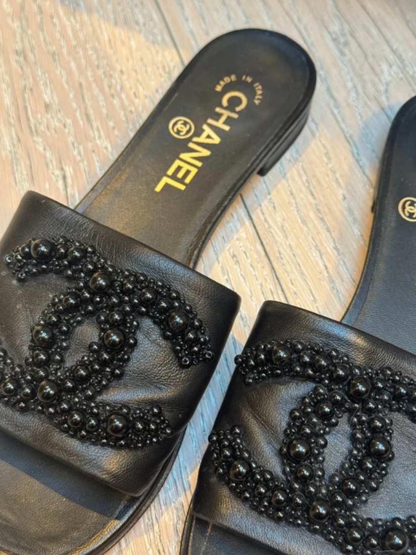 Chanel Embellished Black Slides