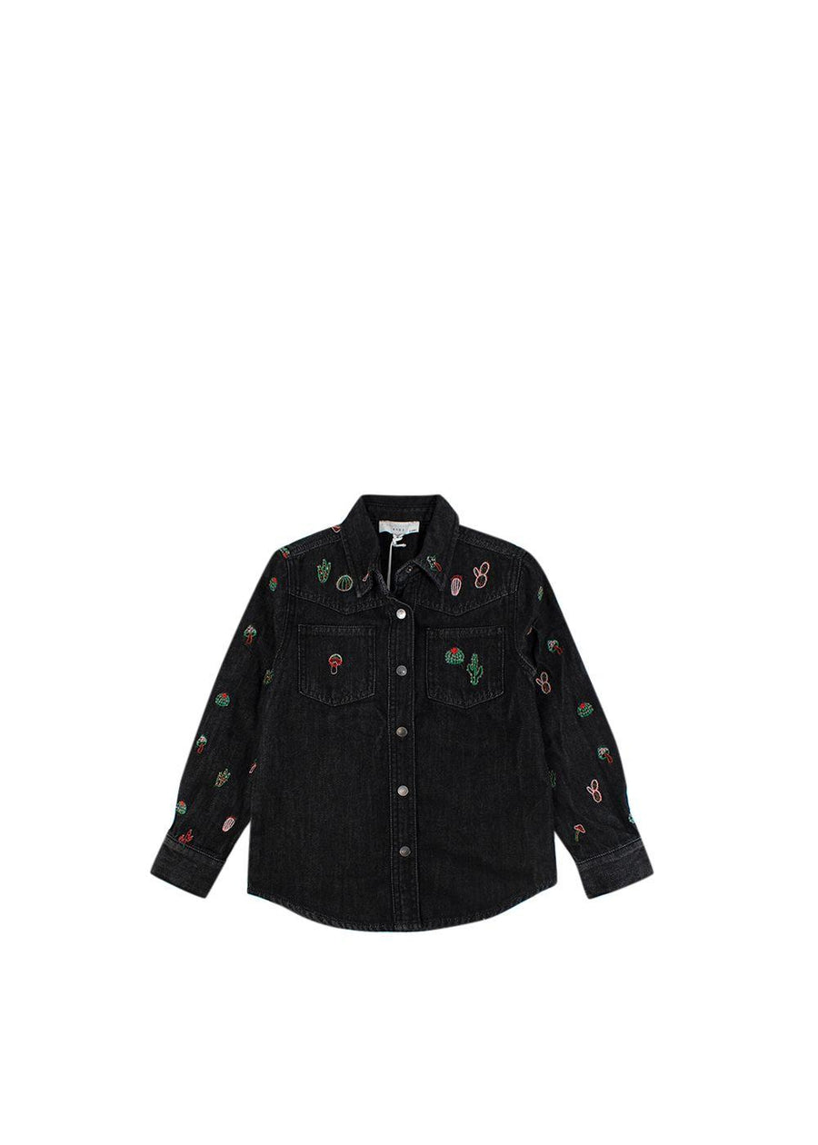 Charcoal Grey Denim Shirt With  Cactus Embroidery