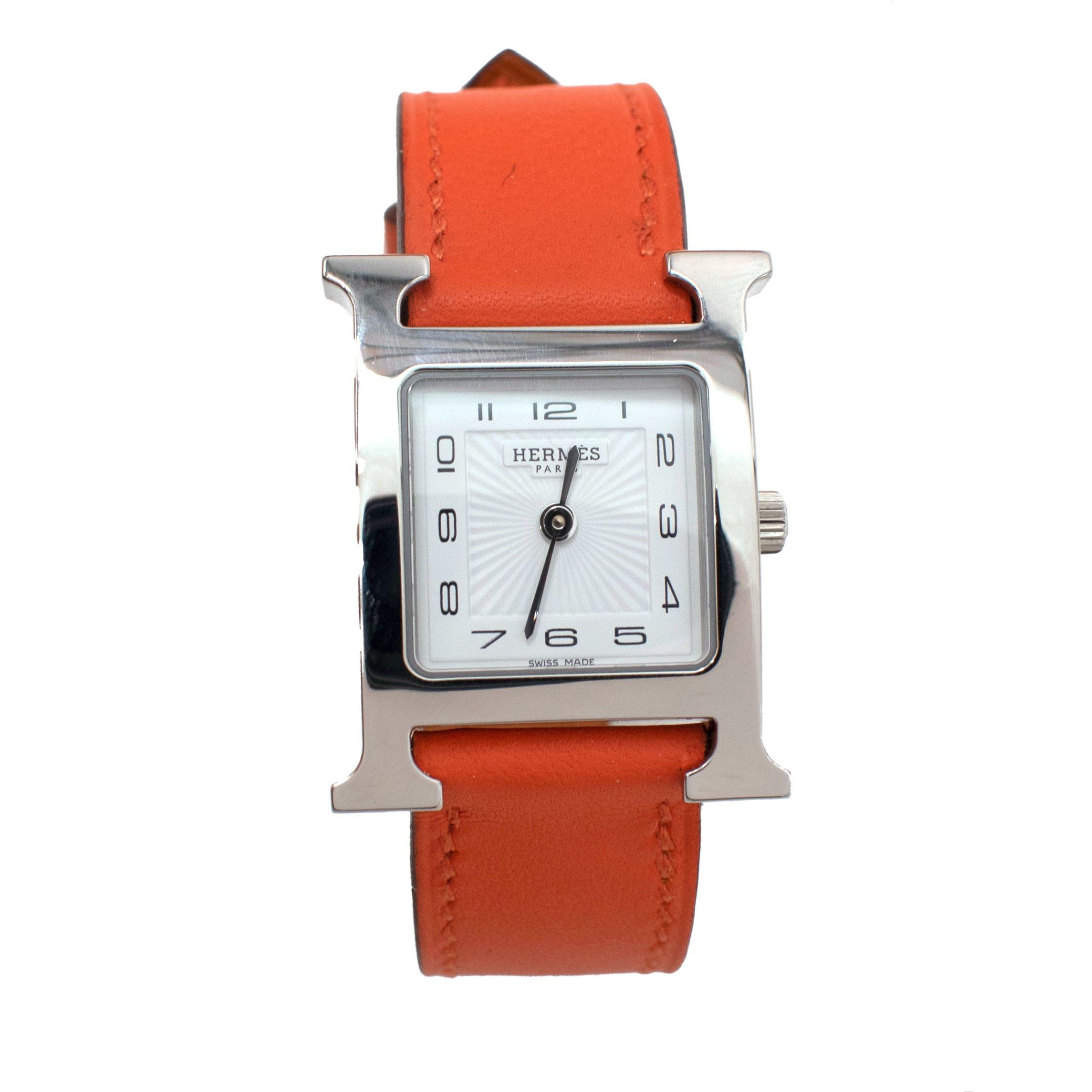 Hermes Small "Heure H" Watch With Orange Strap