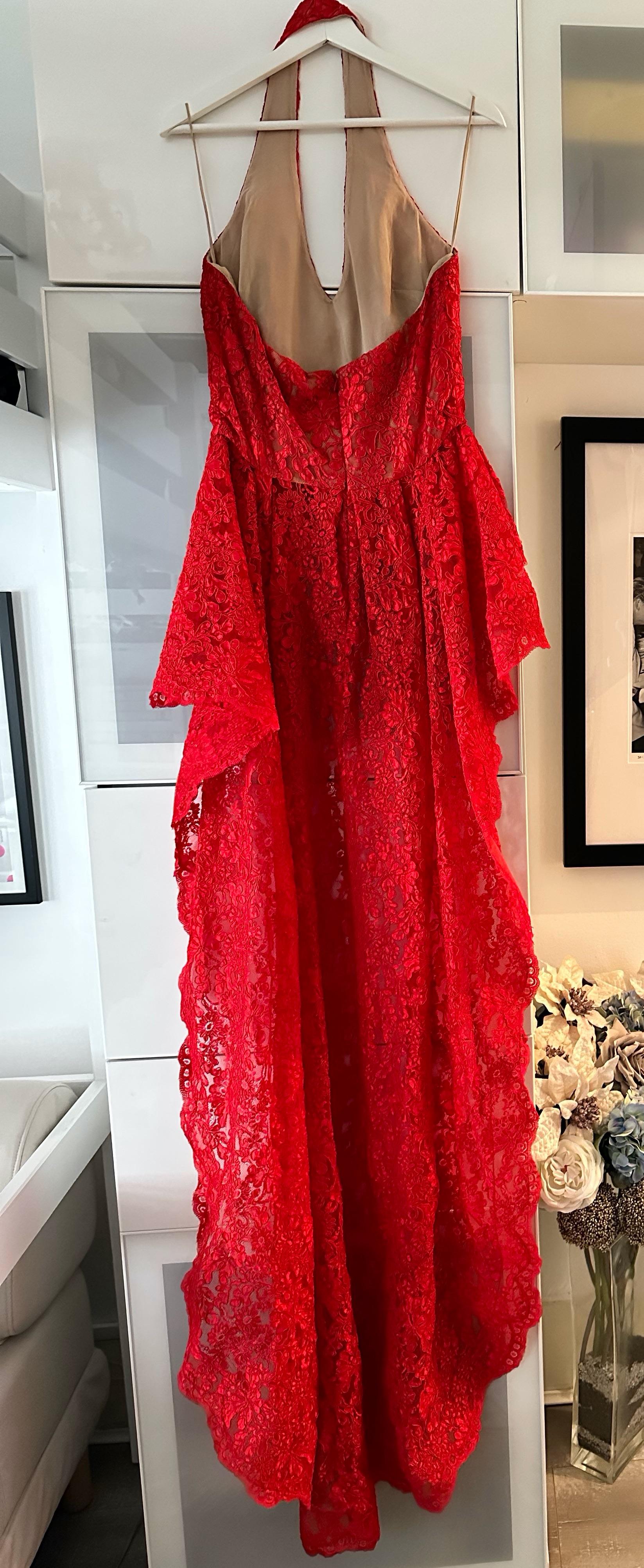 Reem Acra Red Lace Halter-neck Top with Train
