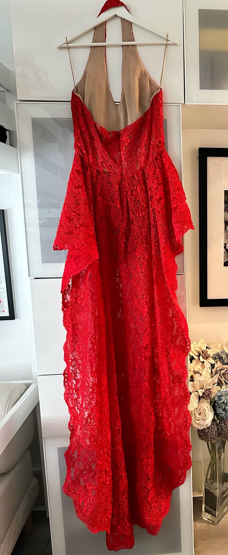 Reem Acra Red Lace Halter-neck Top with Train