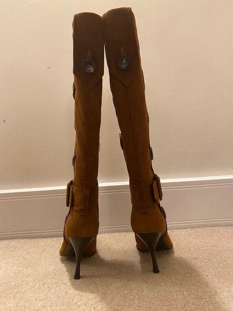 Brown Suede Buckled Button Down Knee Boots
