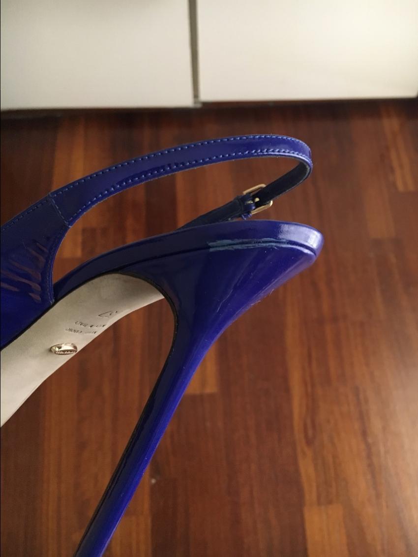 Sergio Rossi Blue Patent Peep-Toe Slingback Pumps