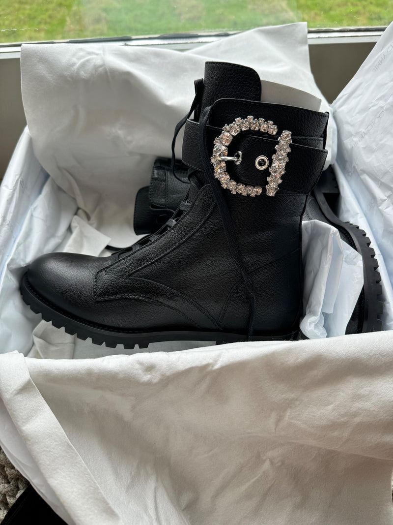 Crystal Embellished Buckle Black Leather Combat Boots