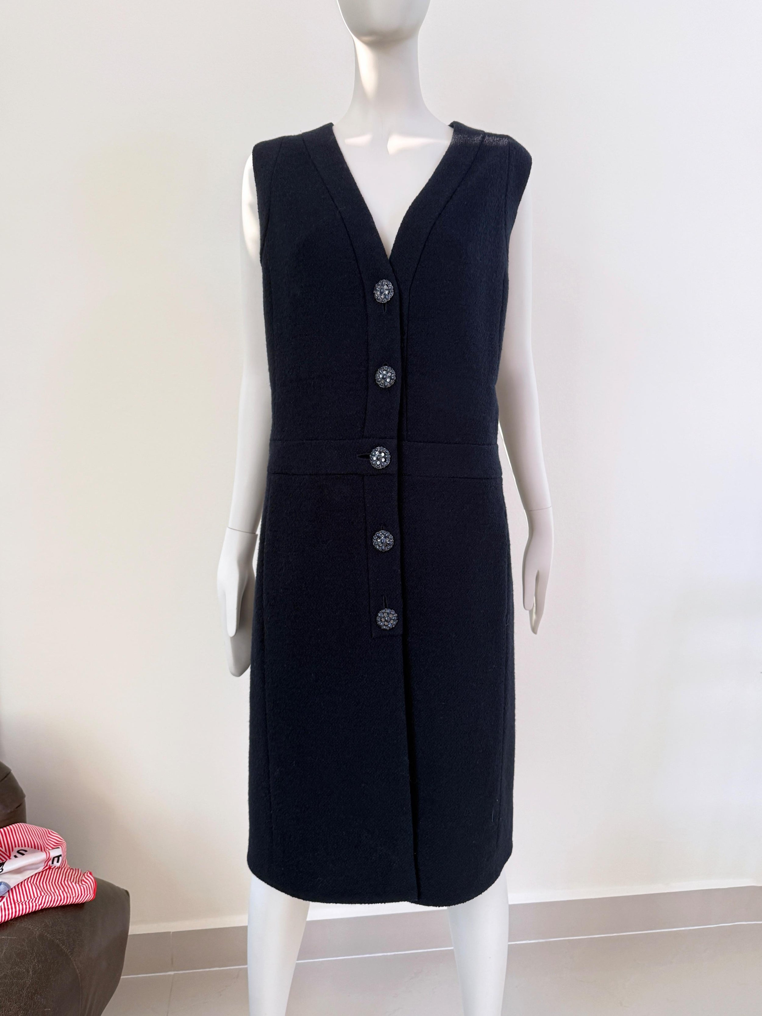 Chanel Navy Boucle Tweed Midi Dress  with Gripoix Jewel Buttons