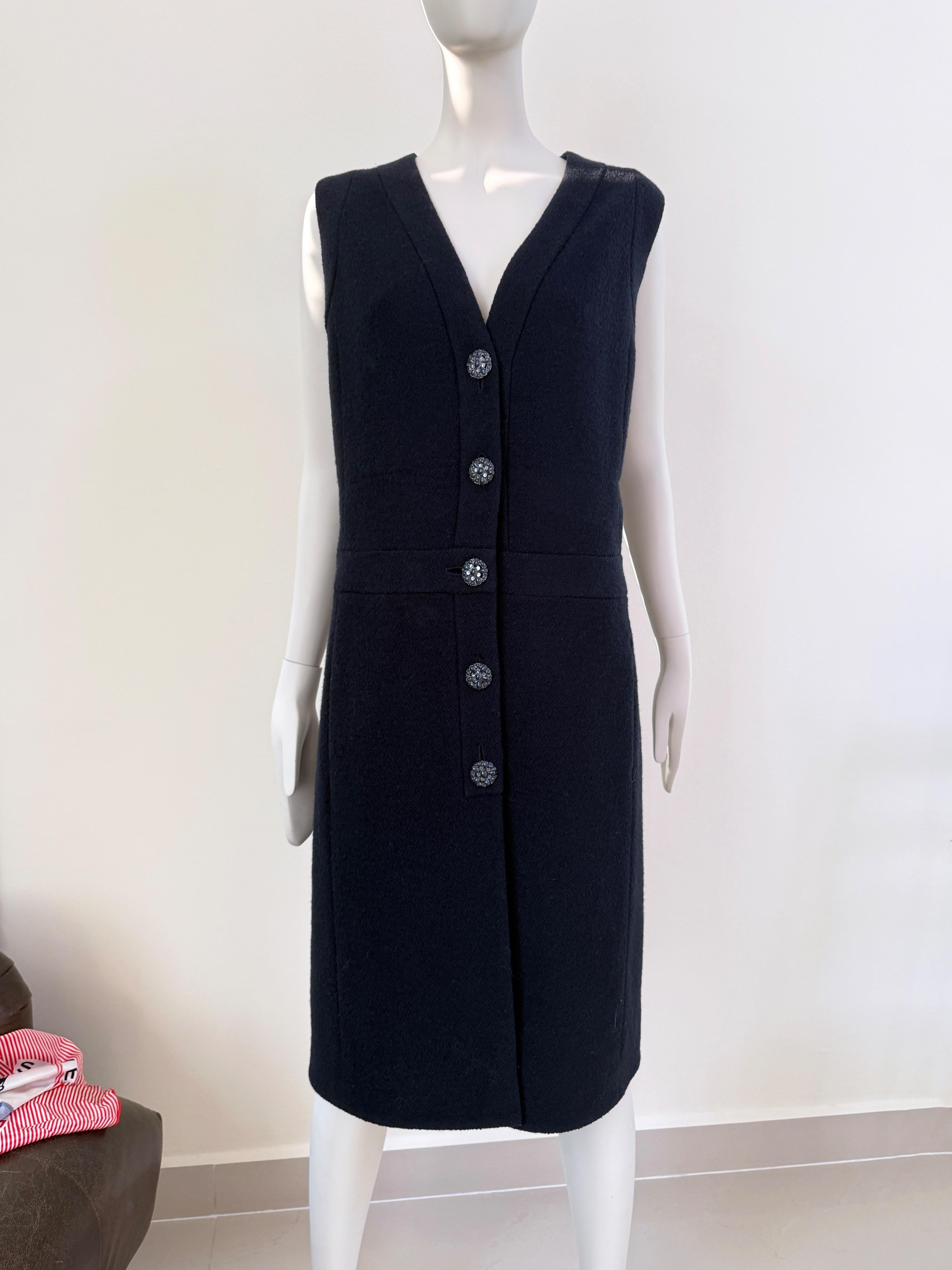 Chanel Navy Boucle Tweed Midi Dress  with Gripoix Jewel Buttons