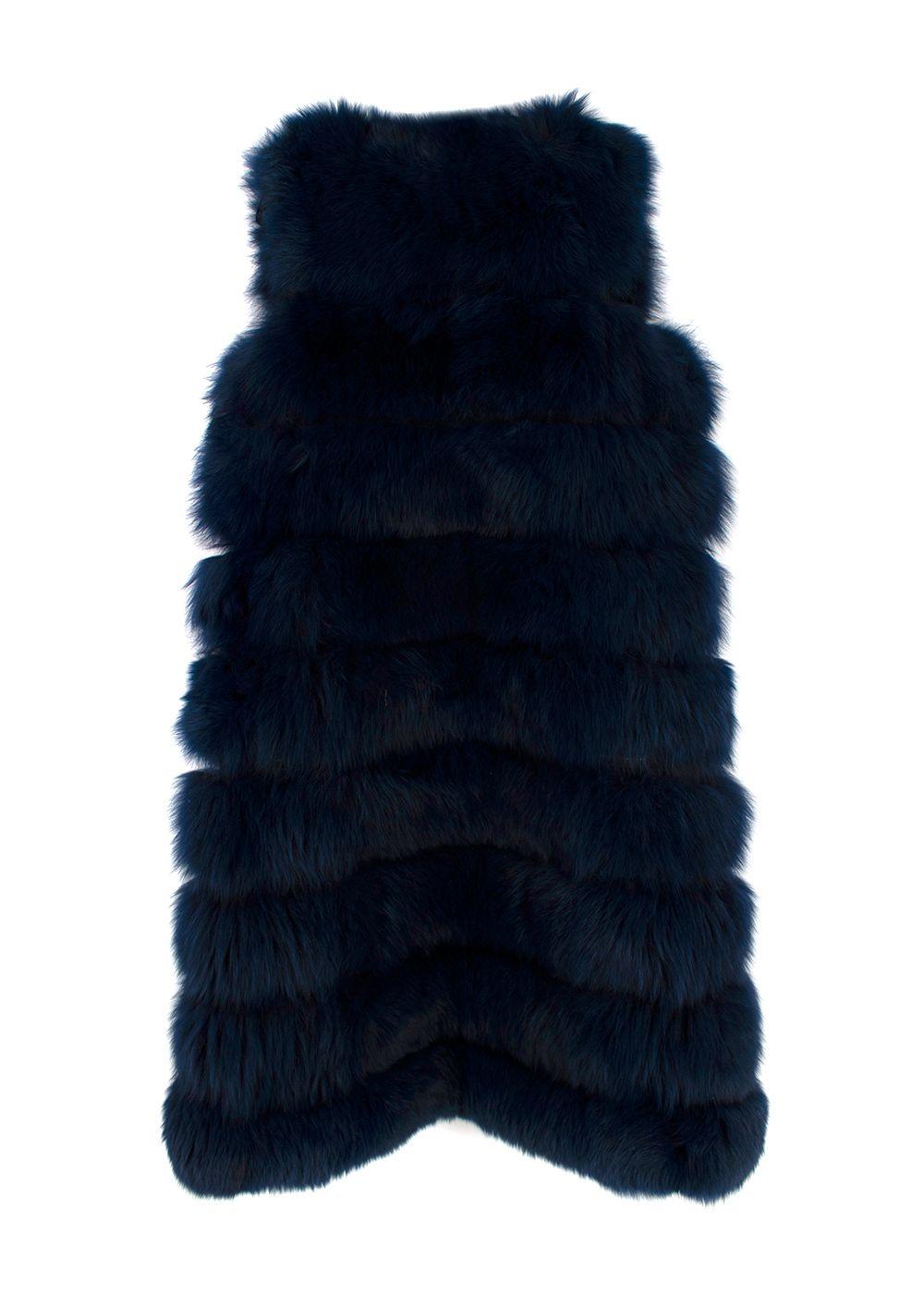 Dyed Deep Blue Fox Fur Zipped Midi Gilet