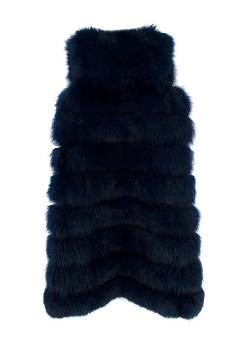 Dyed Deep Blue Fox Fur Zipped Midi Gilet