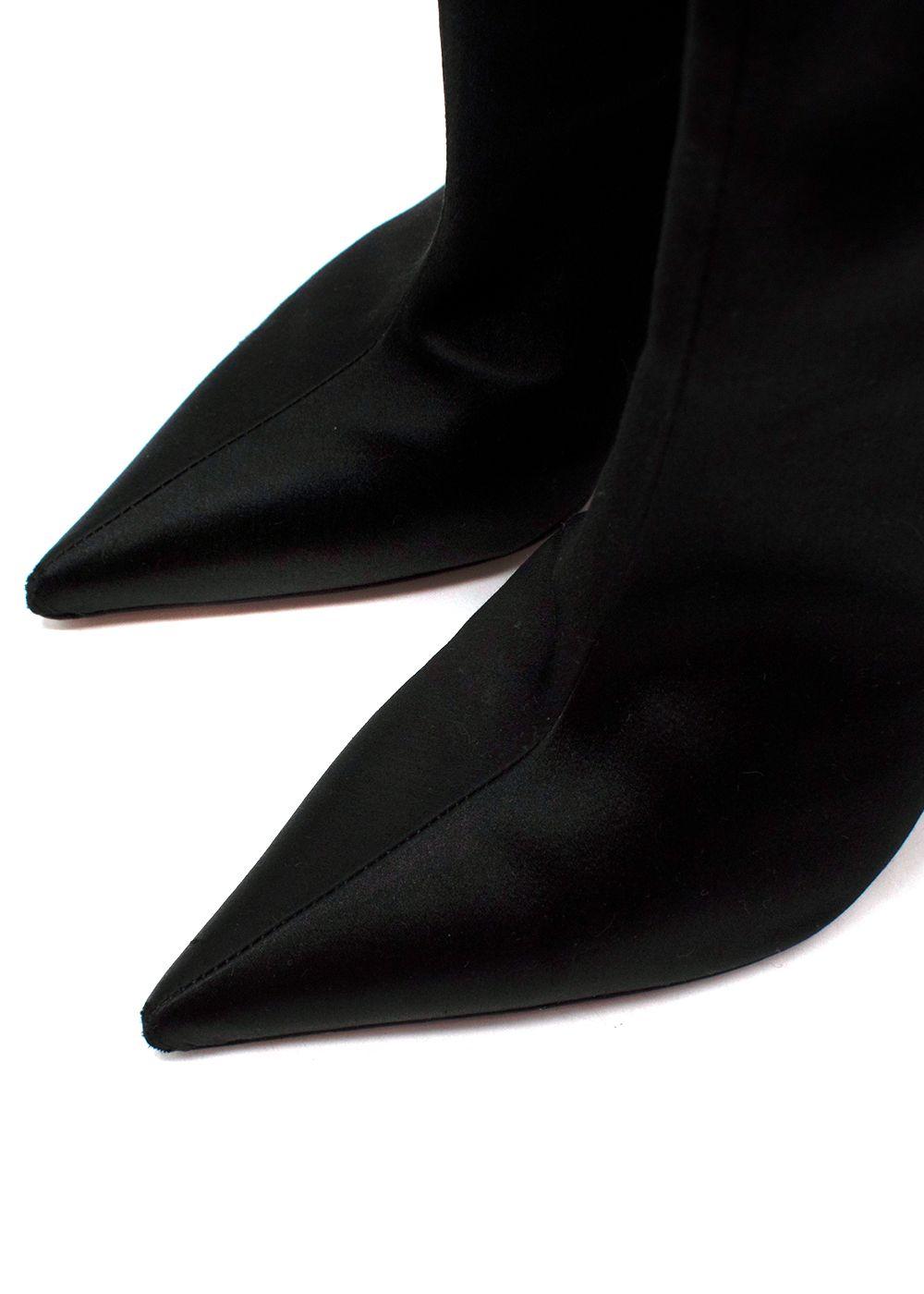 Amina Muaddi Black Satin Boots with Feather Detailing