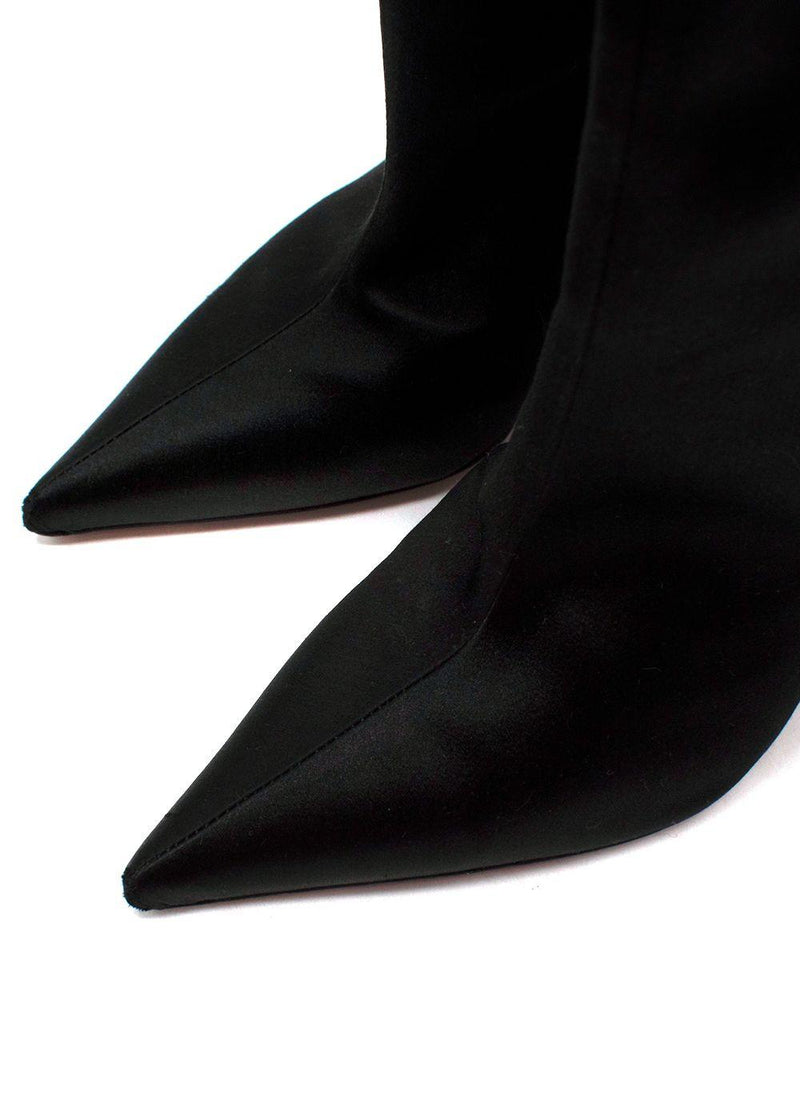 Amina Muaddi Black Satin Boots with Feather Detailing