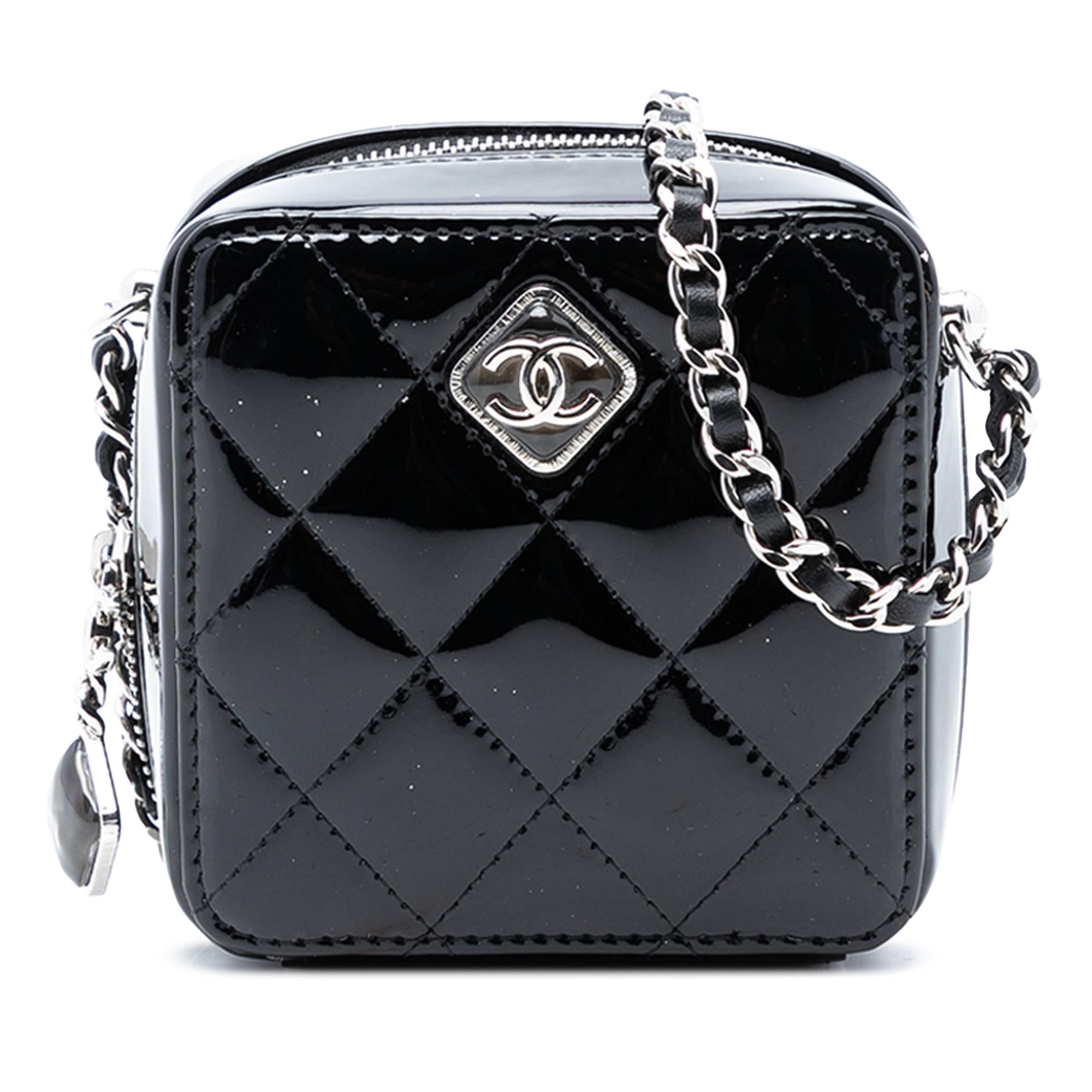 Chanel Black Quilted Patent Diamond Resin Clutch With Chain