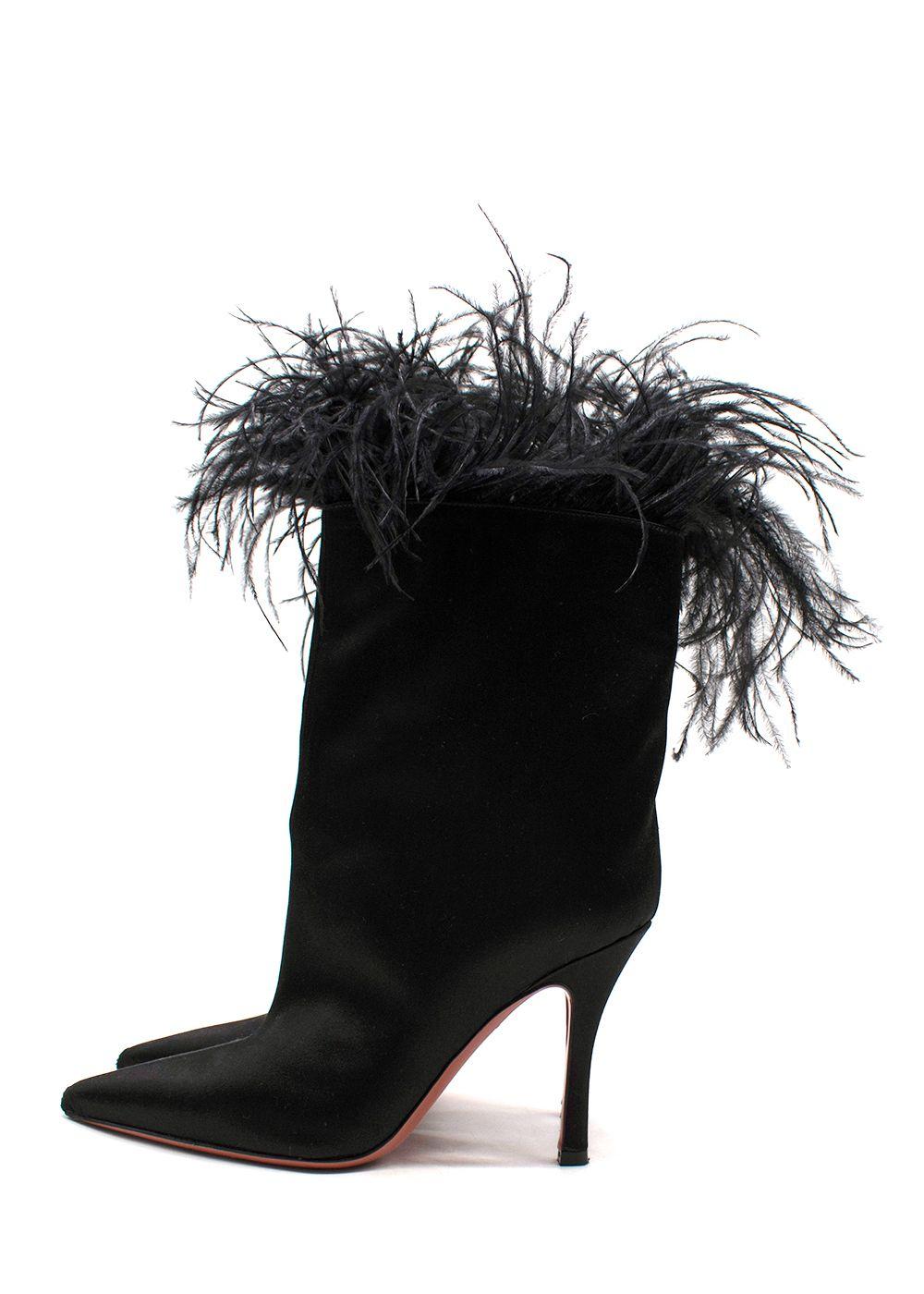 Amina Muaddi Black Satin Boots with Feather Detailing