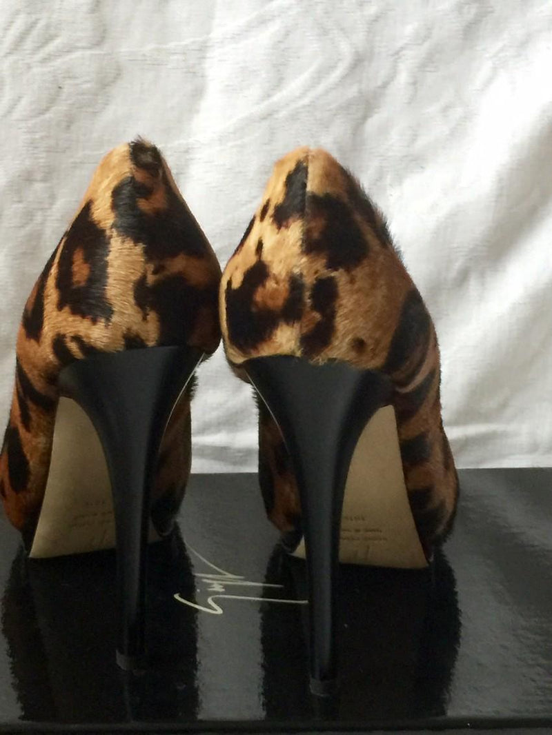 Giuseppe Zanotti Pony Hair Leopard Print Peep Toe Pumps